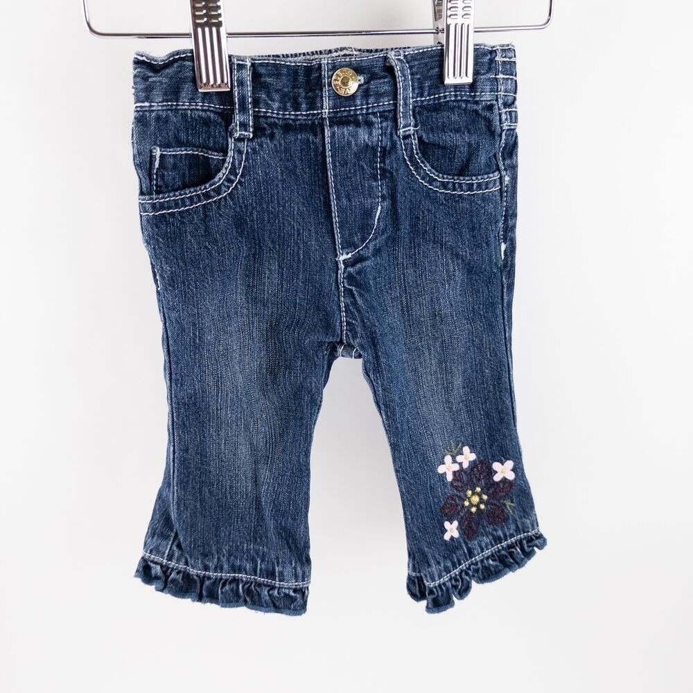 Vintage Guess Jeans Blue Floral Embroidered Ruffle Hem Baby 3-6 Months